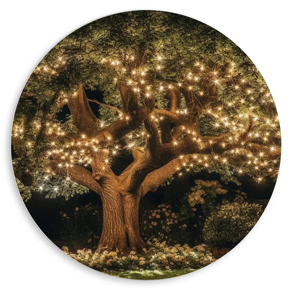 Dibond Muurcirkel - Boom - Lampjes - Verlichting - Achtertuin - Donker - Avond - Bloemen - Planten