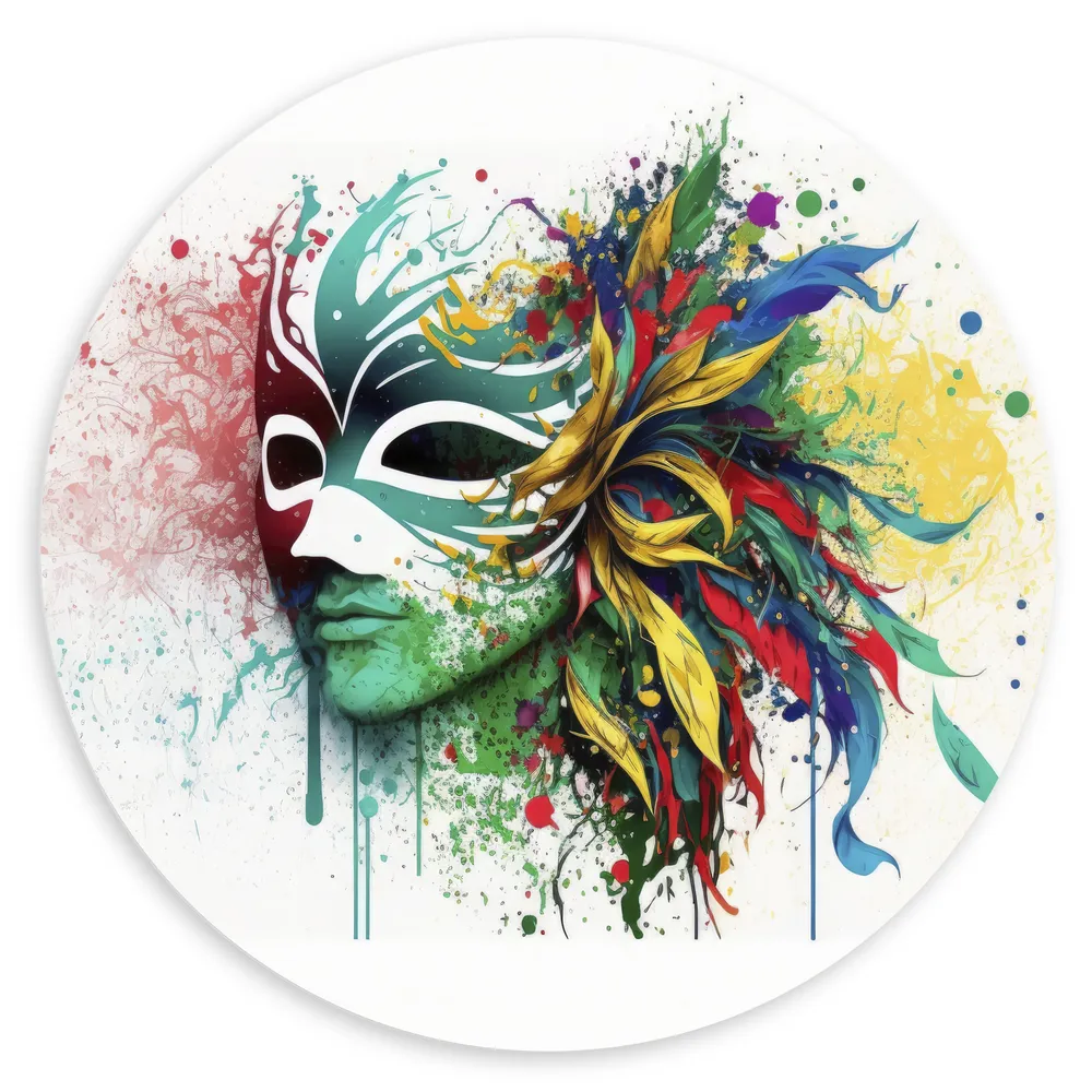 Dibond Muurcirkel - Waterverf Tekening van Kleurrijke Carnavals Masker tegen Witte Achtergrond