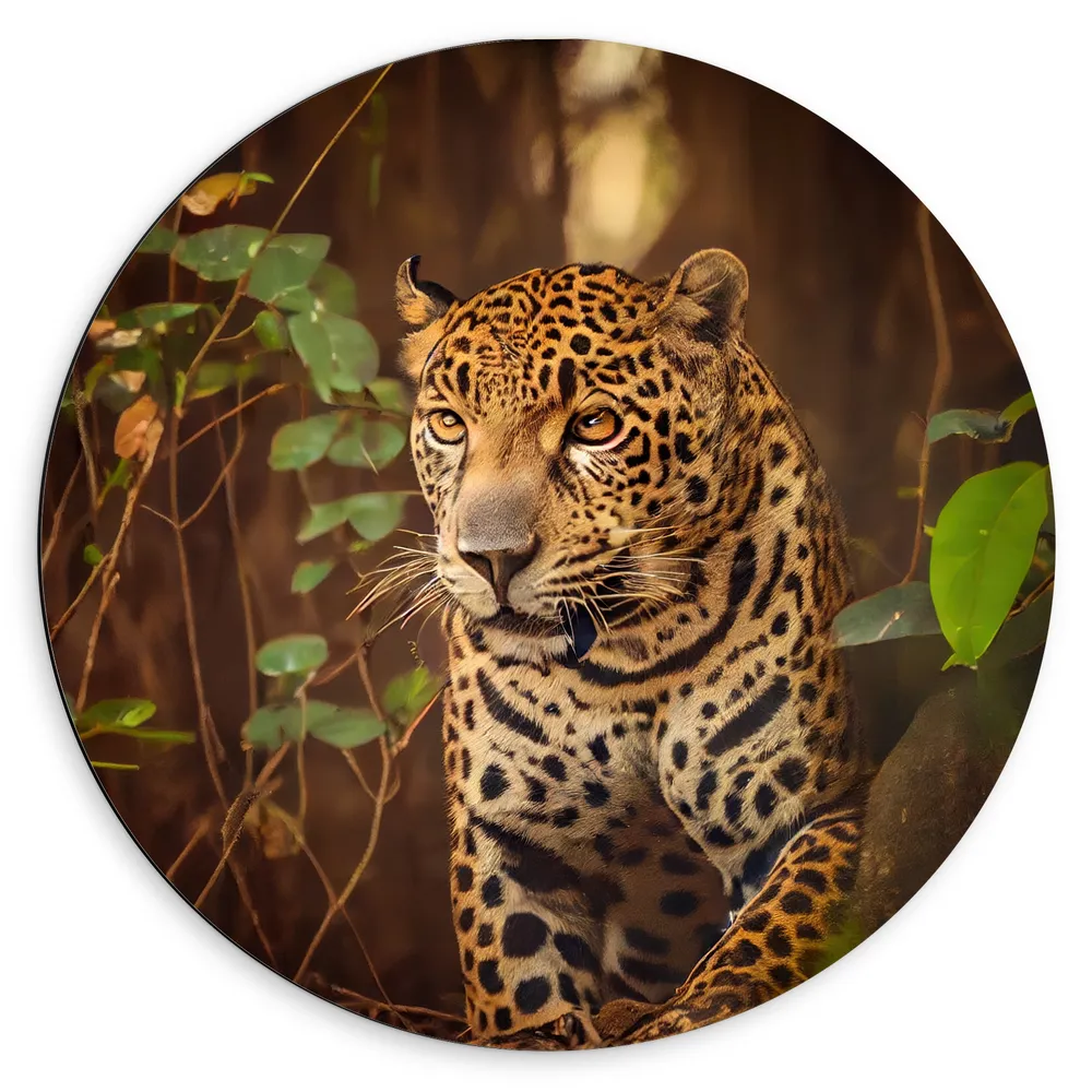 Dibond Muurcirkel - Sluipende Jaguar met Helder Oranje Ogen door het Bos