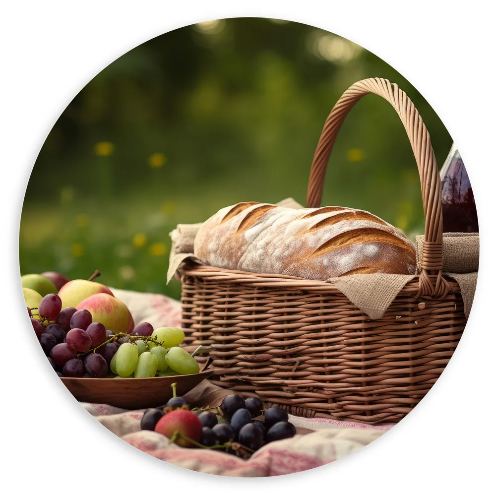 Dibond Muurcirkel - Picknick - Mandje - Kleedje - Eten - Drinken