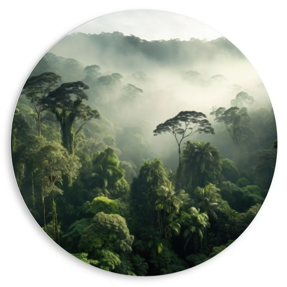 Dibond Muurcirkel - Bomen - Bos - Groen - Mist