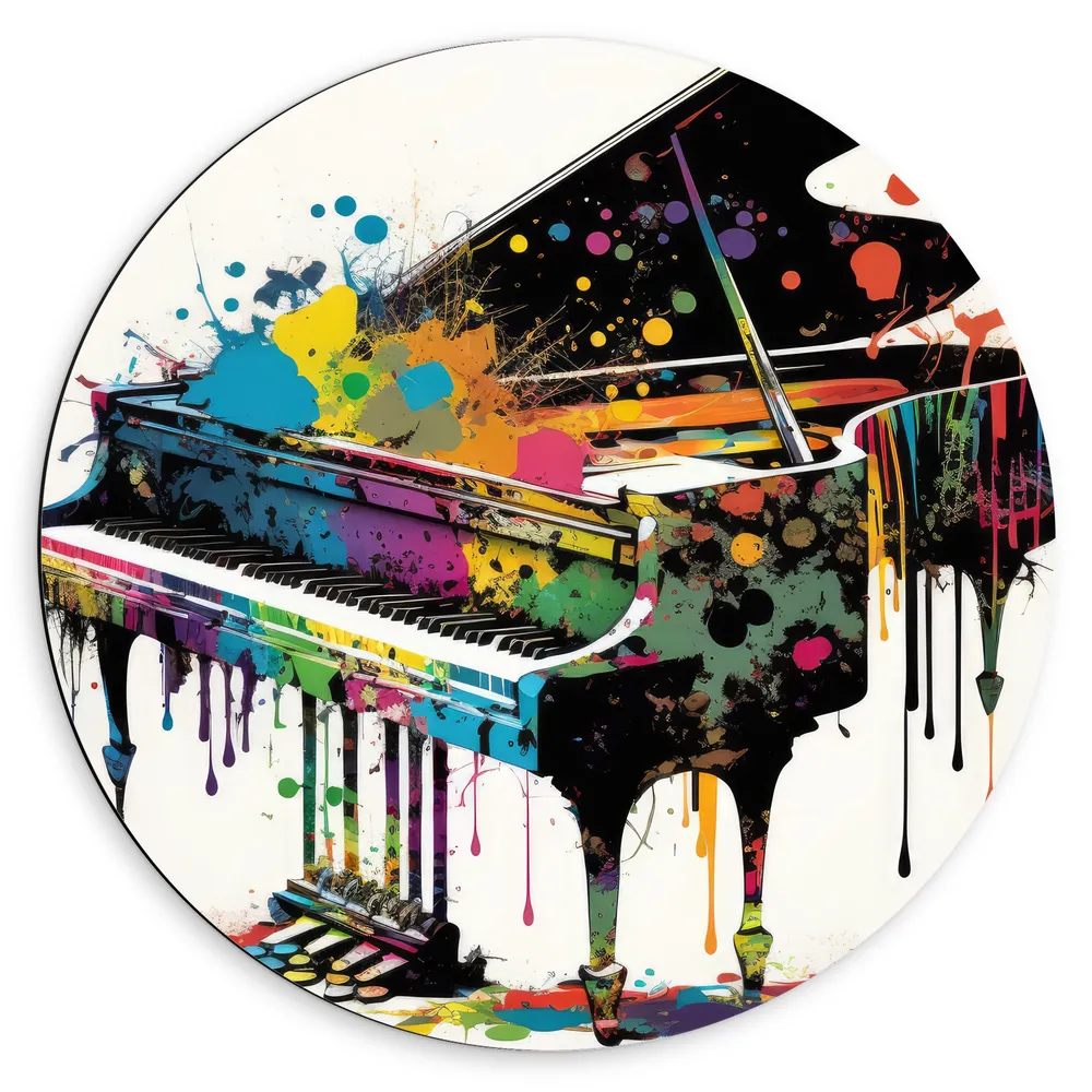 Dibond Muurcirkel - Tekening van Piano met Gekleurde Verfspetters