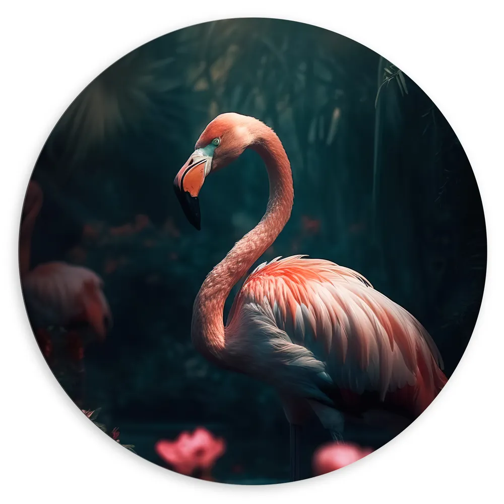 Dibond Muurcirkel - Exotische Roze Flamingo in het Water bij Roze Lelies