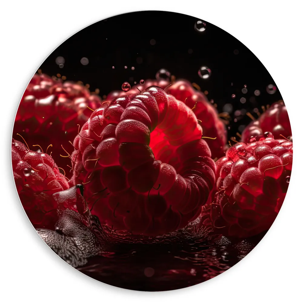Dibond Muurcirkel - Frambozen - Fruit - Rood - Water - Druppels