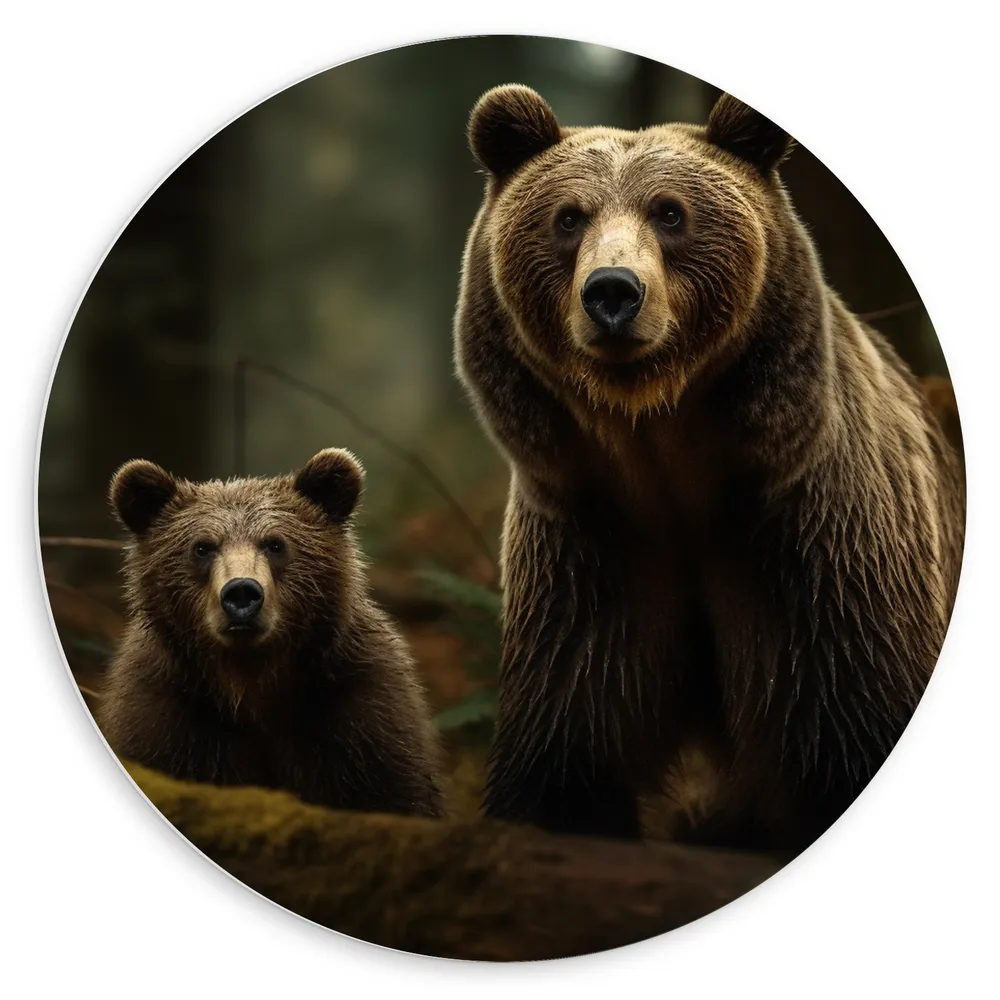Dibond Muurcirkel - Beren -Wild - Bruin - Bos - Bomen