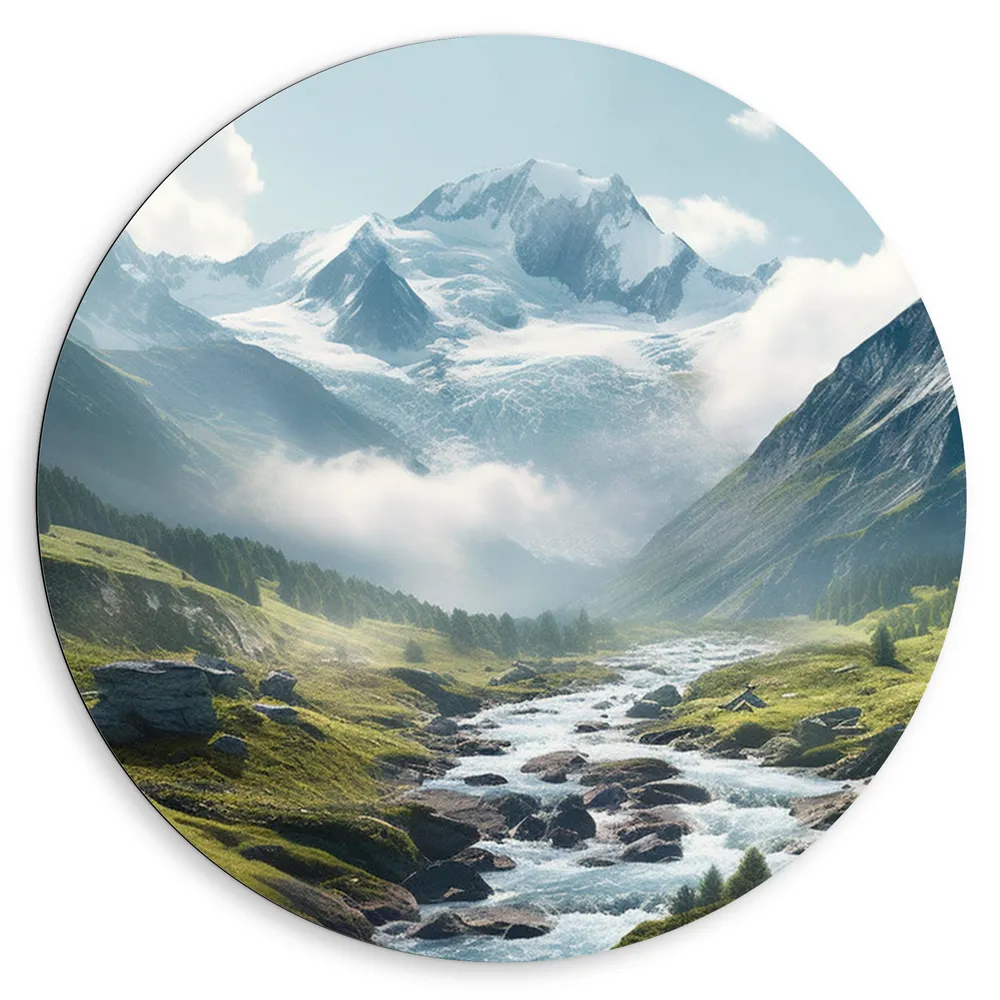 Dibond Muurcirkel - Rivier - Water - Stenen - Landschap - Bergen - Sneeuw  - Wolken