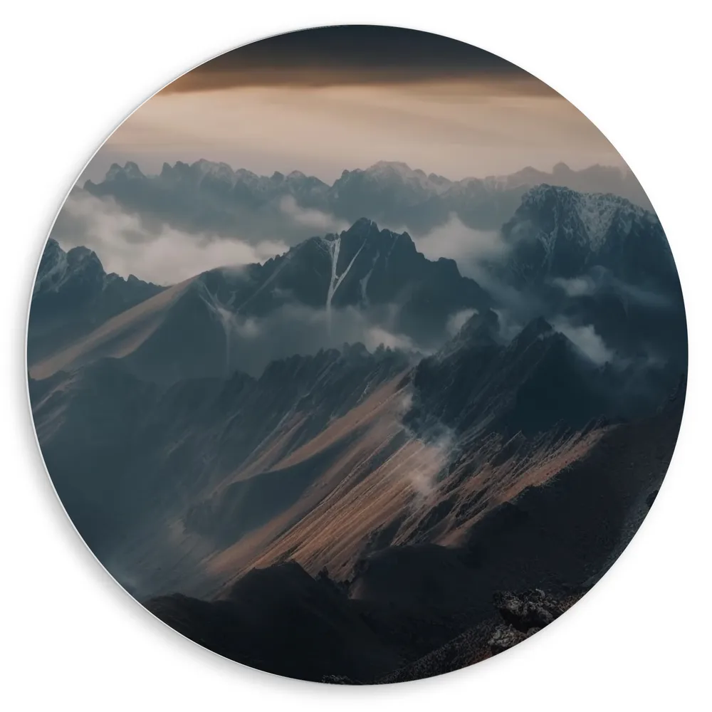 Dibond Muurcirkel - Bergen - Mistig - Wolken - Donker