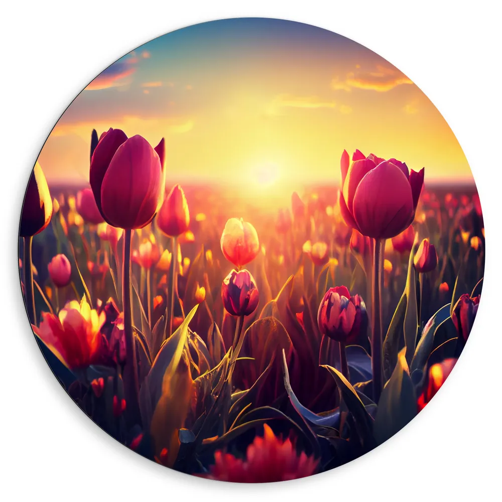 Dibond Muurcirkel - Zonnestralen op de Bloemen in het Bloemenveld