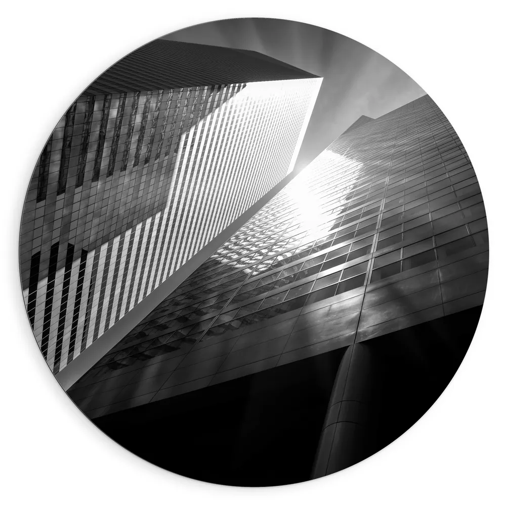 Dibond Muurcirkel - Gebouw - Onderaanzicht - Modern - Zwart - Wit