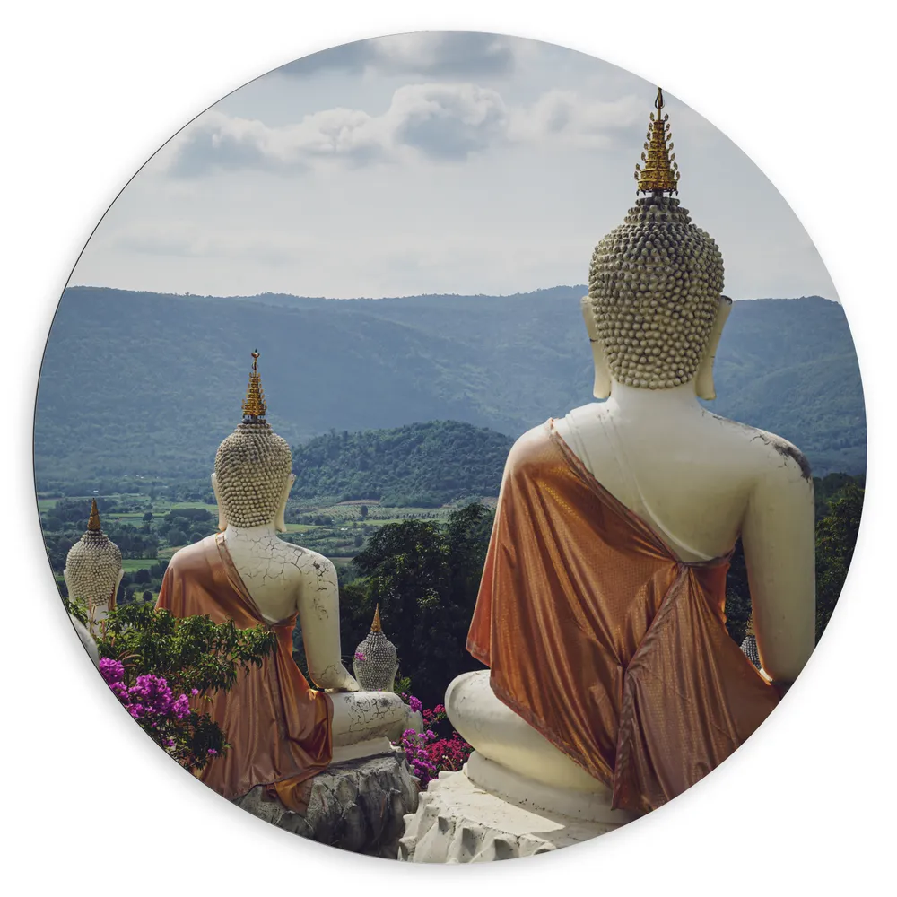 Dibond Muurcirkel - Buddhas - Bloemen - Bergen - Bomen