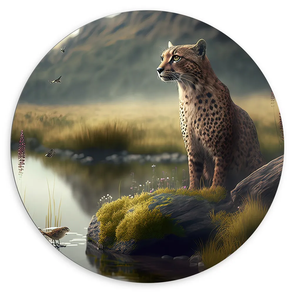 Dibond Muurcirkel - Cheetah op Rots langs Rivier door Natuurgebied