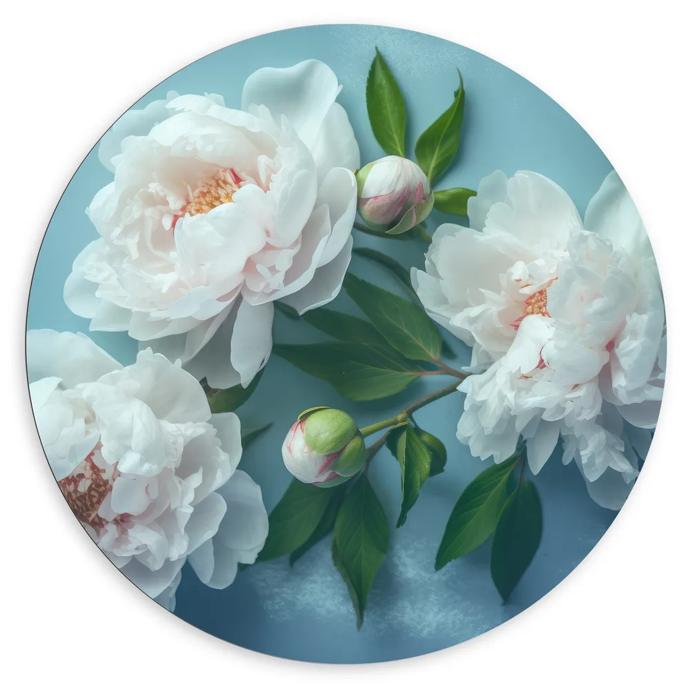 Dibond Muurcirkel - Witte Pioenrozen en Knoppen op Blauwe Achtergrond - Bloemen