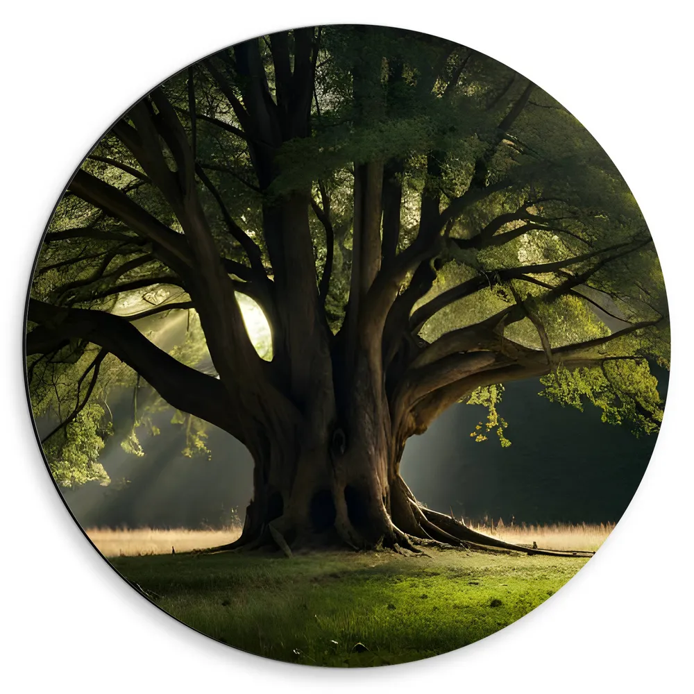 Dibond Muurcirkel - Grote Oude Boom onder Zonnestralen