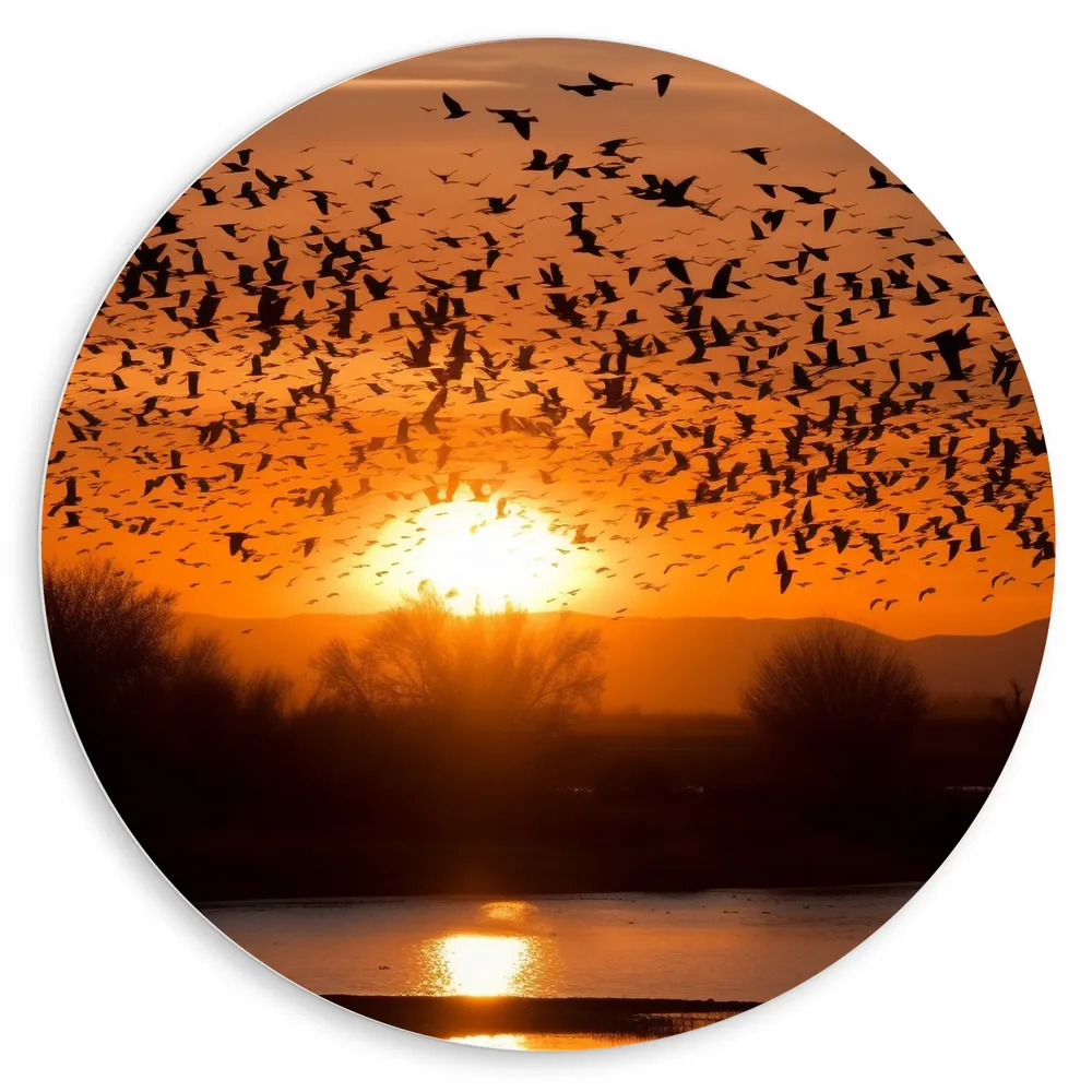 Dibond Muurcirkel - Dieren - Vogels - Planten - Zonsondergang - Water