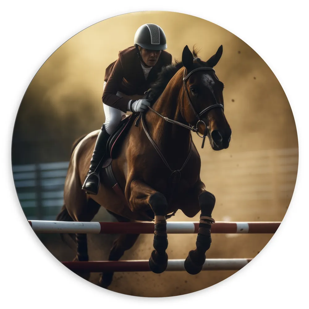 Dibond Muurcirkel - Racepaard met Ruiter in Actie