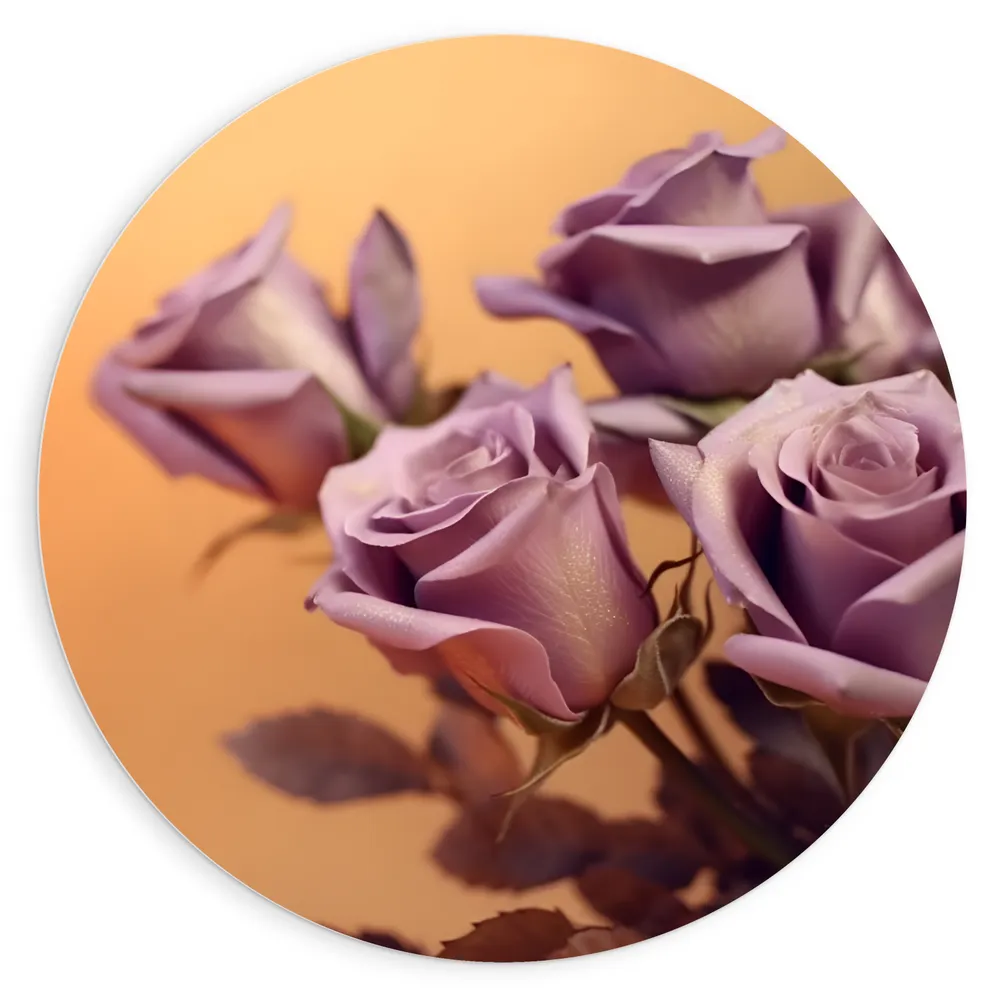 Dibond Muurcirkel - Paarse Rozen bij Oranje Achtergrond - Bloemen