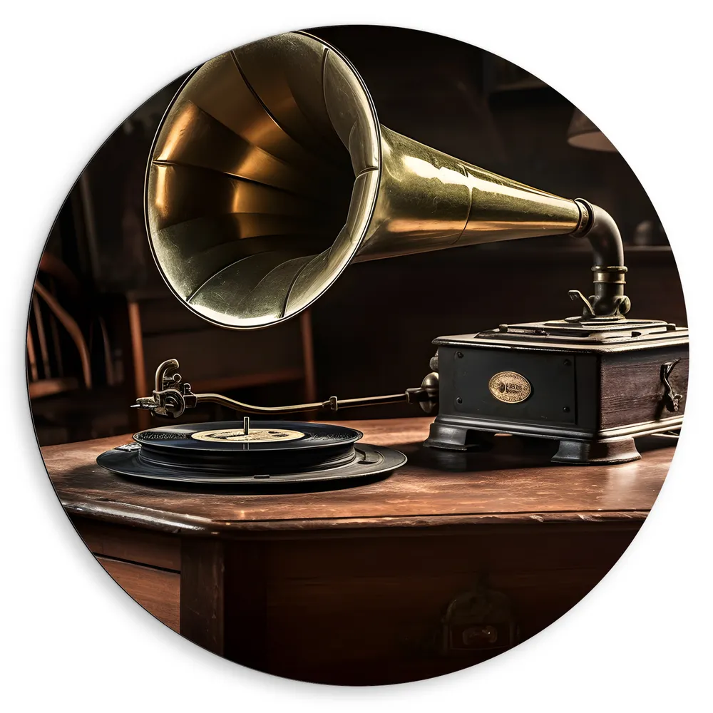 Dibond Muurcirkel - Platenspeler - Hout - Goud - Muziek - Oud