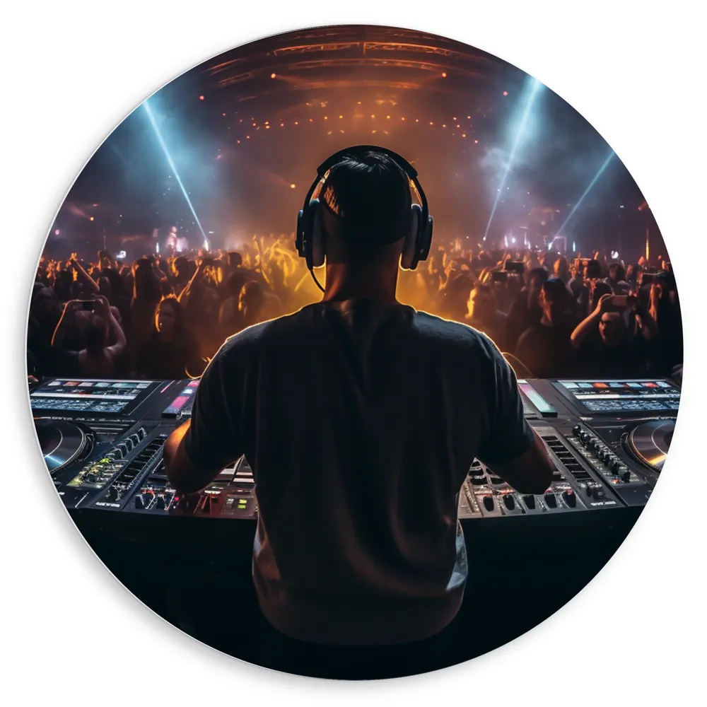 Dibond Muurcirkel - Dj achter Dj Booth voor Vol Publiek