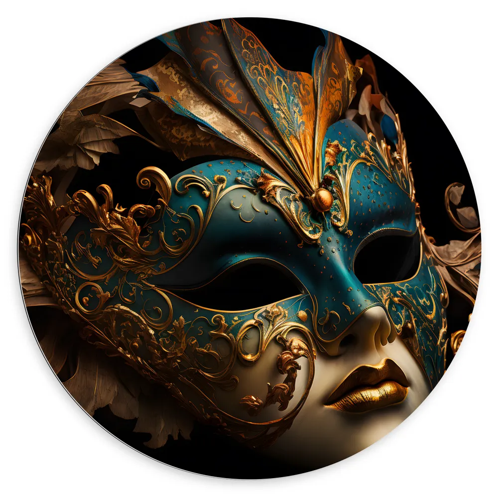 Dibond Muurcirkel - Venetiaanse carnavals Masker met Blauwe en Gouden Details tegen Zwarte Achtergrond