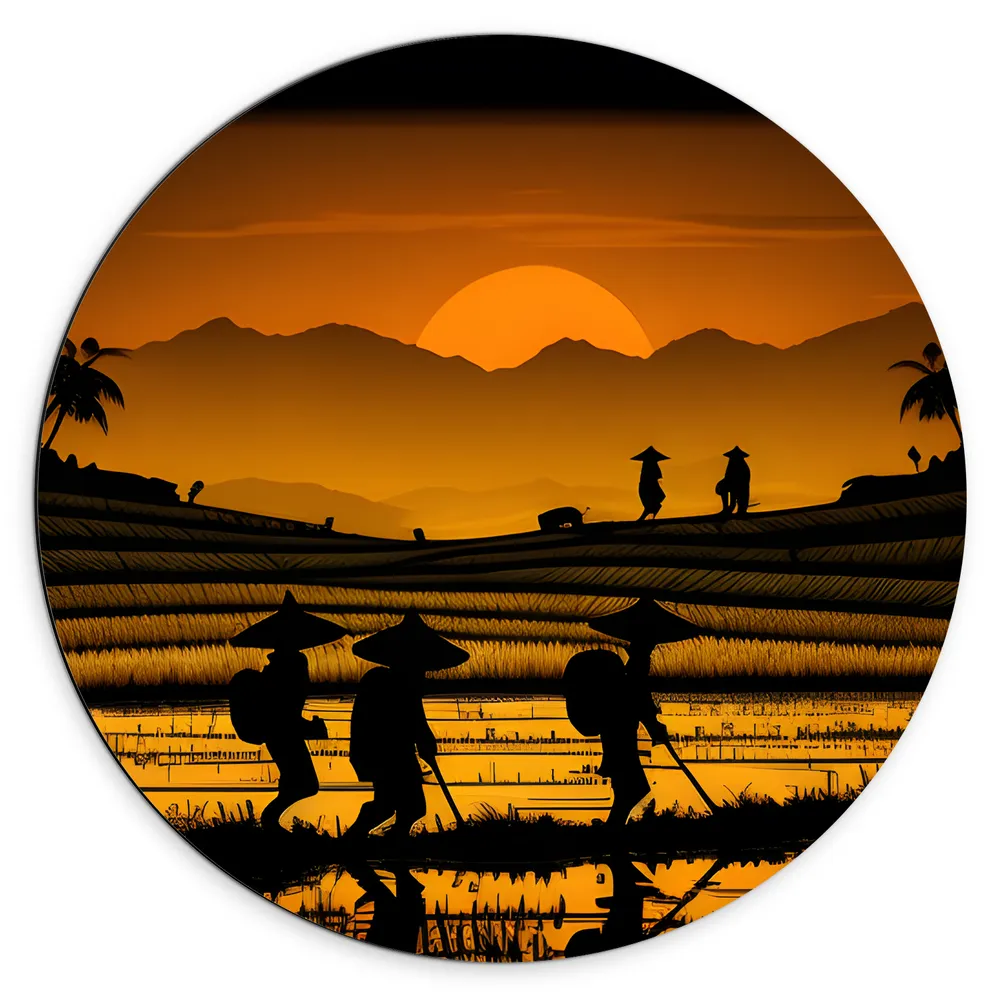 Dibond Muurcirkel - Silhouet van Thaise Boeren aan het Werk op Land