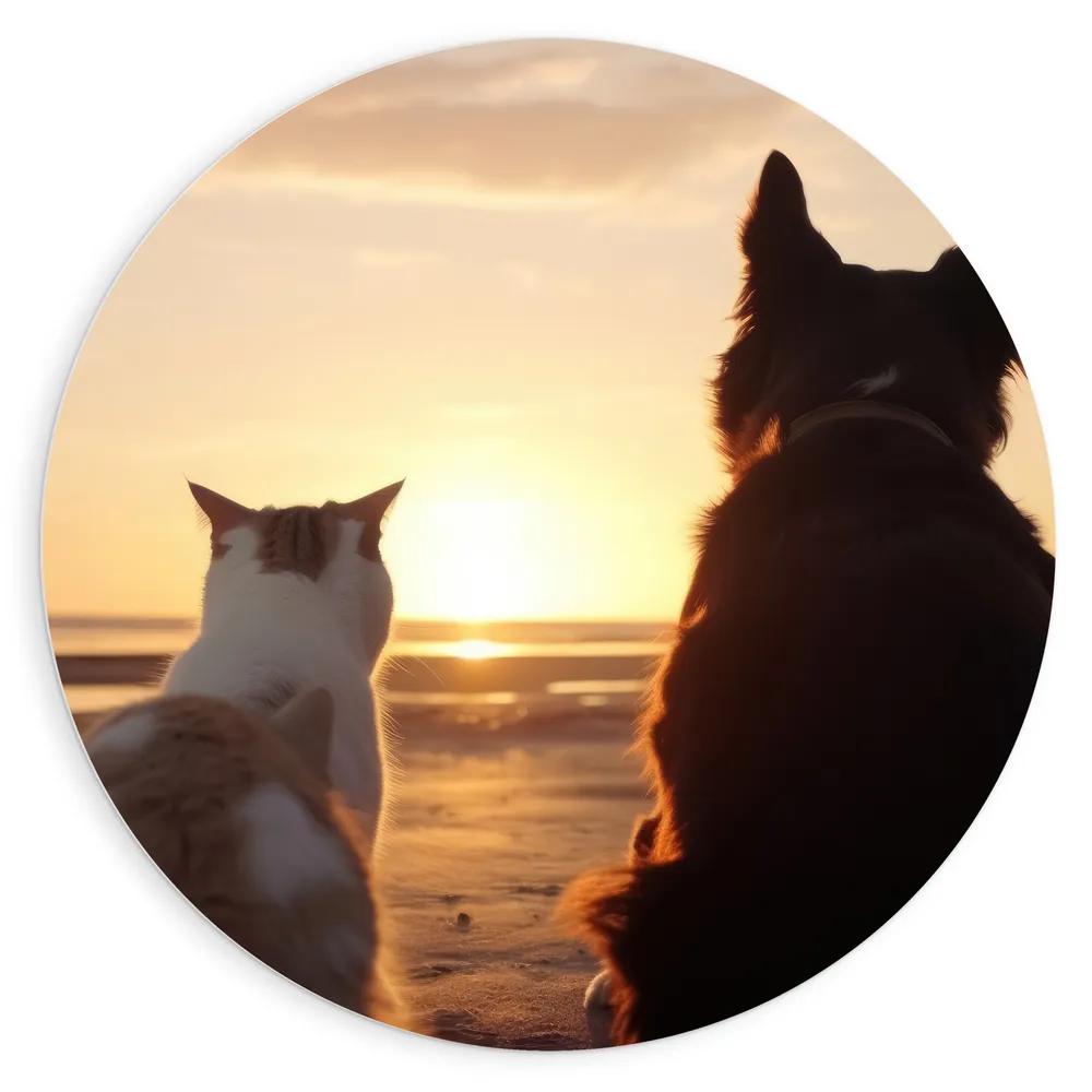 Dibond Muurcirkel - Kat en Hond op het Strand Kijkend naar Zonsondergang