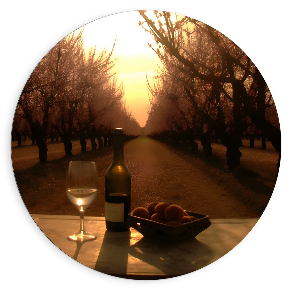 Dibond Muurcirkel - Wijn - Fruit - Glas - Landschap - Bomen