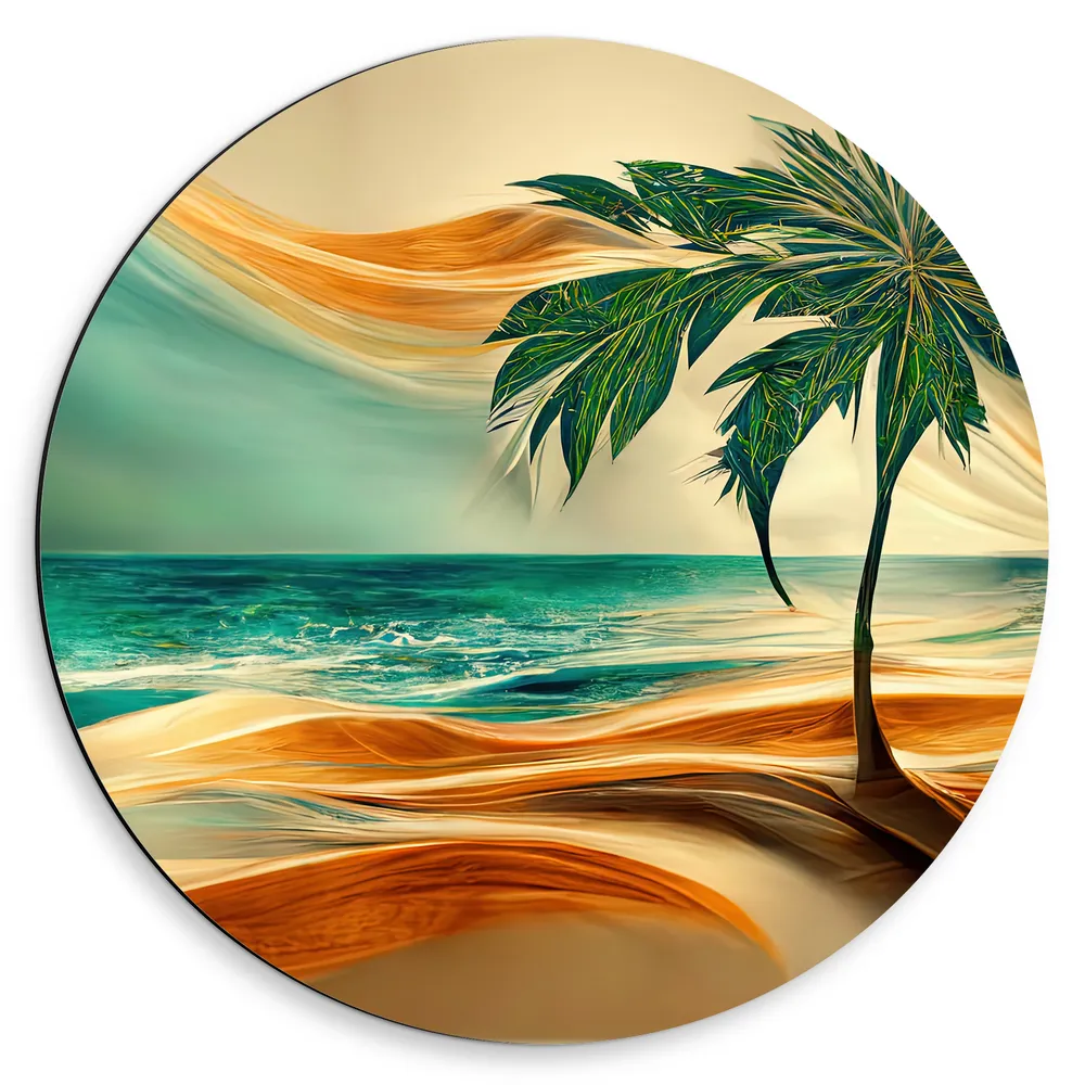 Dibond Muurcirkel - Schilderij van Palmboom op het Strand