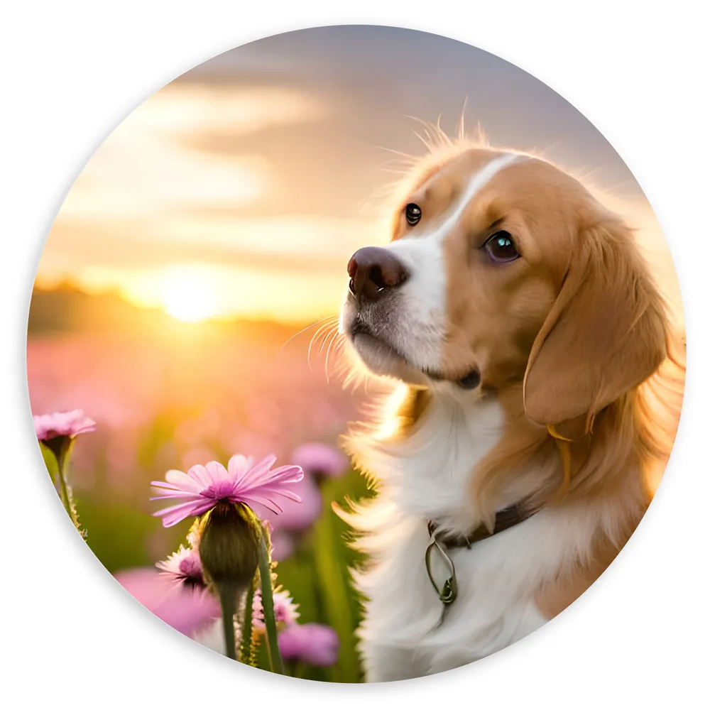 Dibond Muurcirkel - Bruin met Witte Hond in Veld Vol Roze Bloemen met Zonsondergang