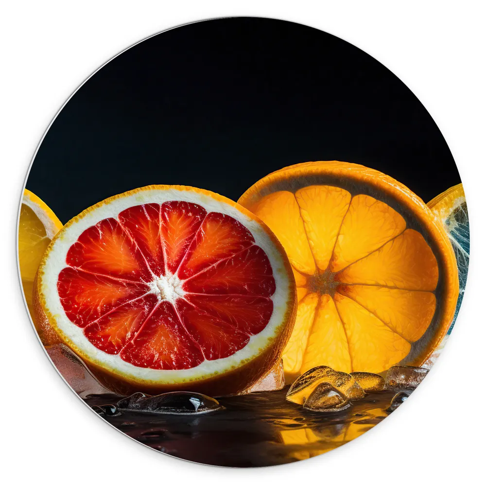 Dibond Muurcirkel - Schijven Fruit tegen Zwarte Achtergrond