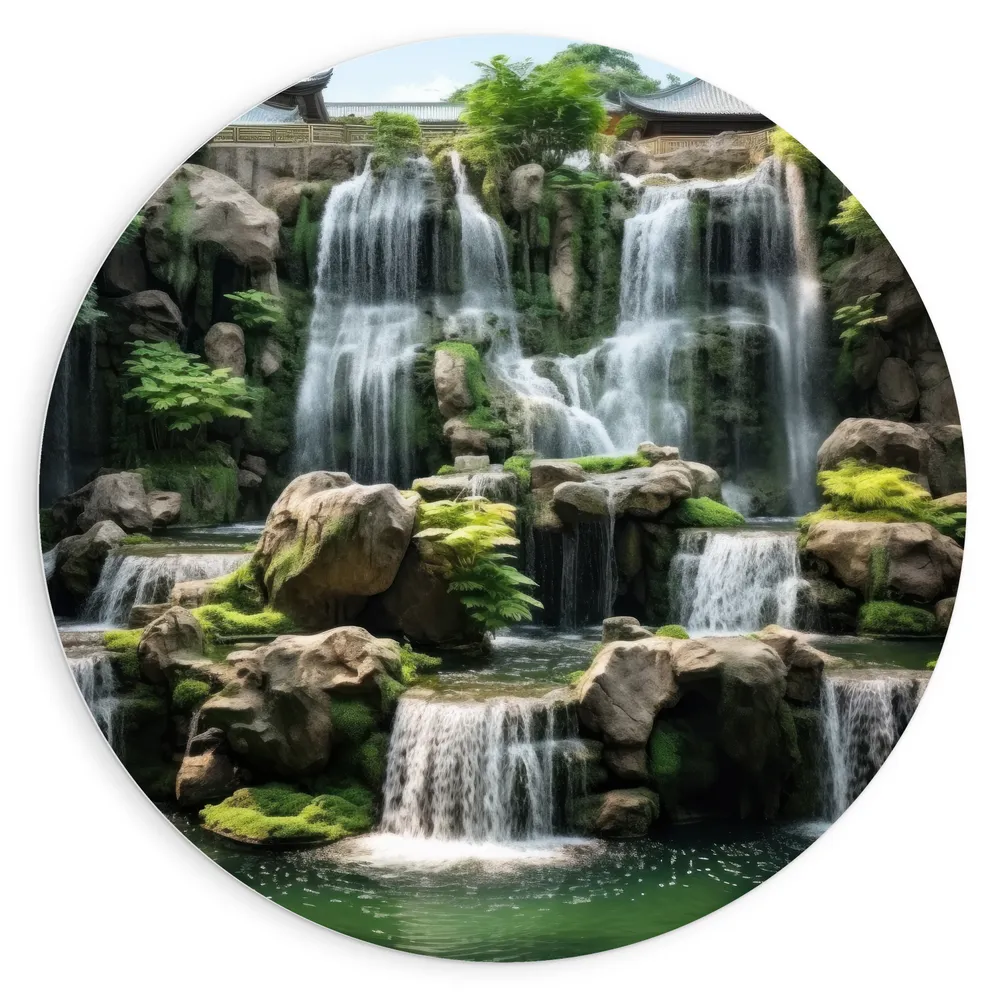 Dibond Muurcirkel - Waterval - Water - Stenen - Gras - Planten