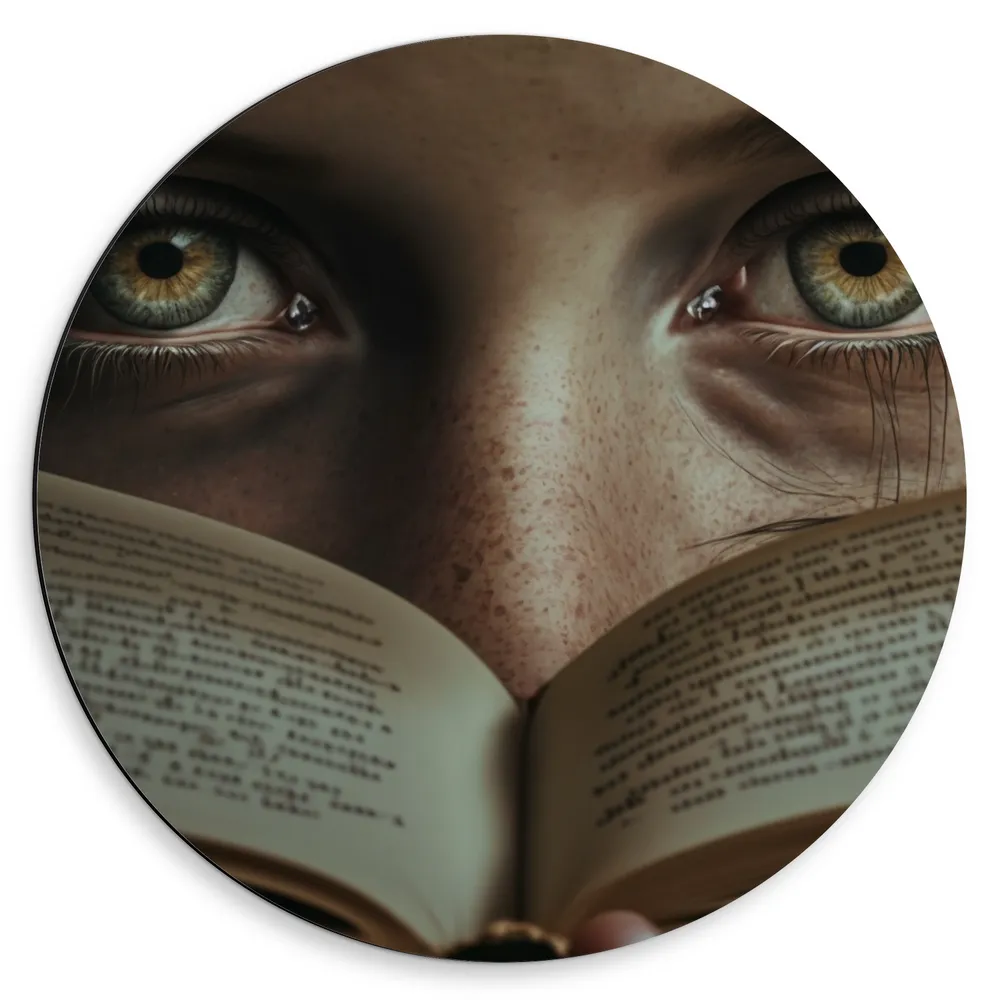 Dibond Muurcirkel - Vrouw - Boek - Letters - Tranen - Ogen
