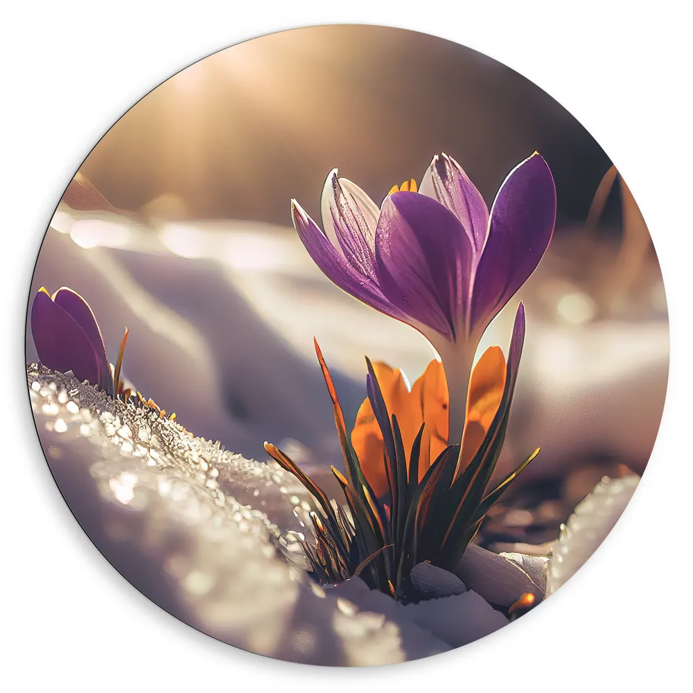 Dibond Muurcirkel - Paarse Crocus Bloemen in Besneeuwd bos met Fel Zonlicht
