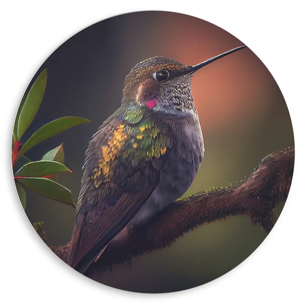 Dibond Muurcirkel - Groene Juweelkolibrie Vogel op Tak langs Groen Blad