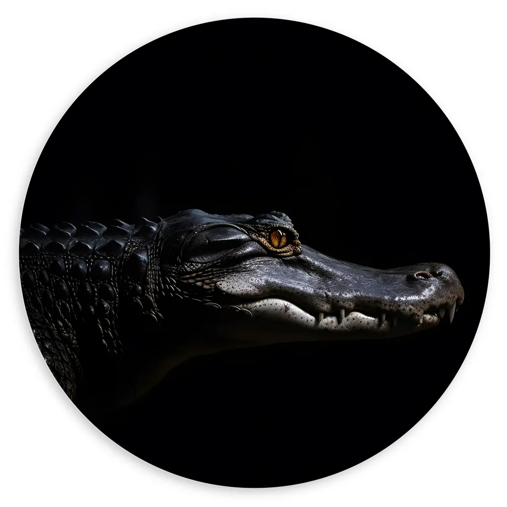 Dibond Muurcirkel - Zijaanzicht van Donkerkleurige Alligator in Donkere Omgeving