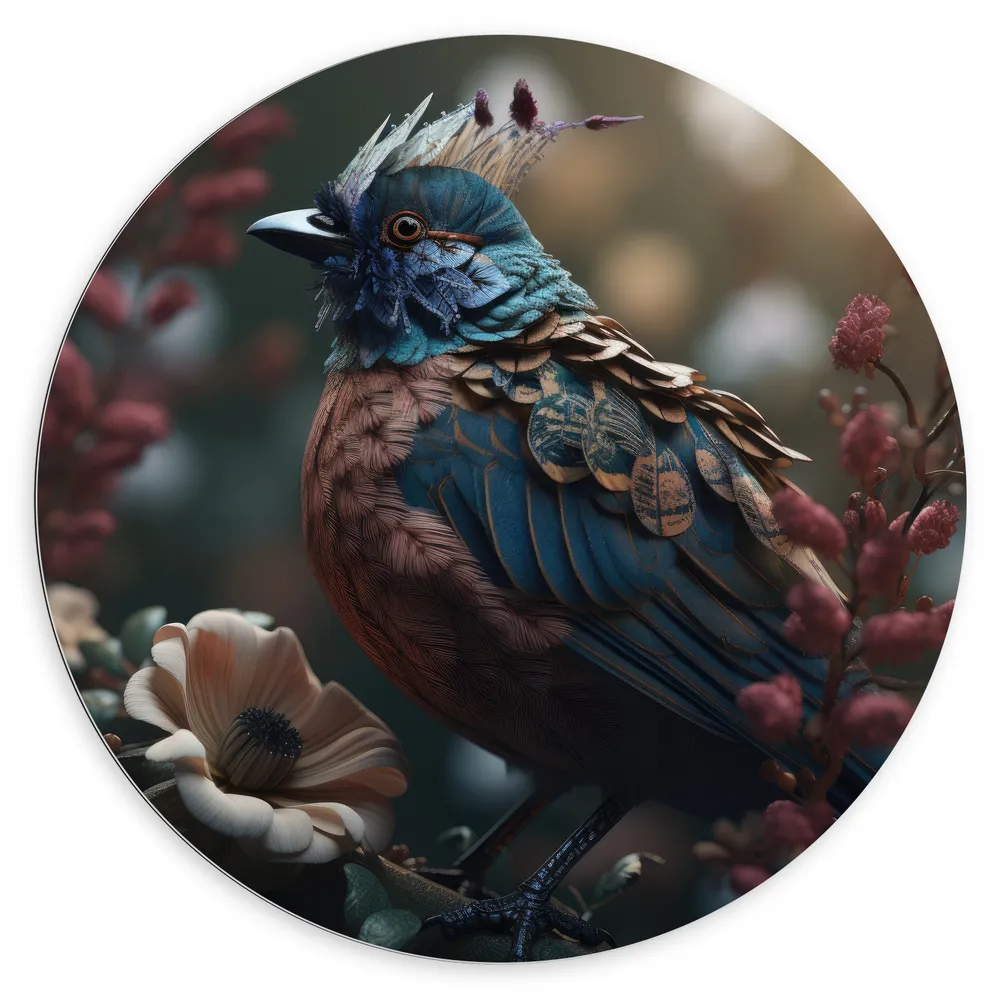 Dibond Muurcirkel - Blauwe Gaai Vogel met Kleurrijke Veren en Bloemen
