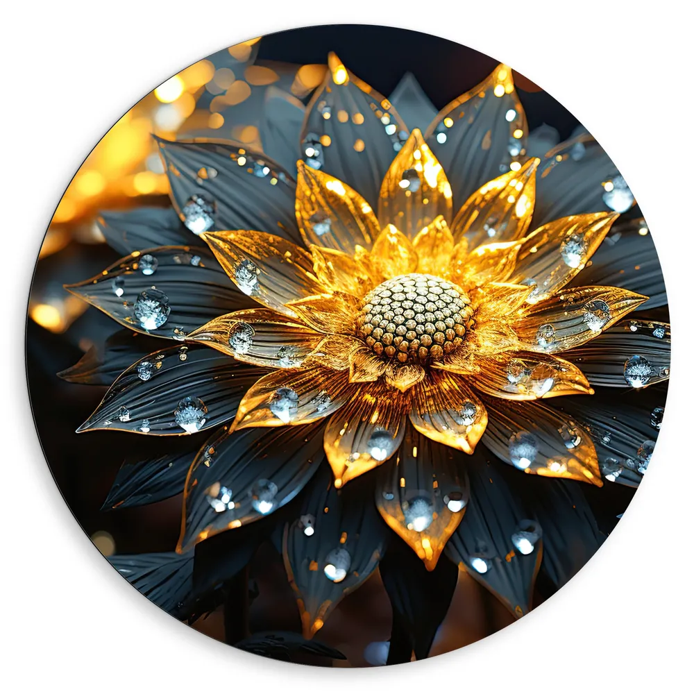 Dibond Muurcirkel - Closeup - Bloem - Druppels - Goud