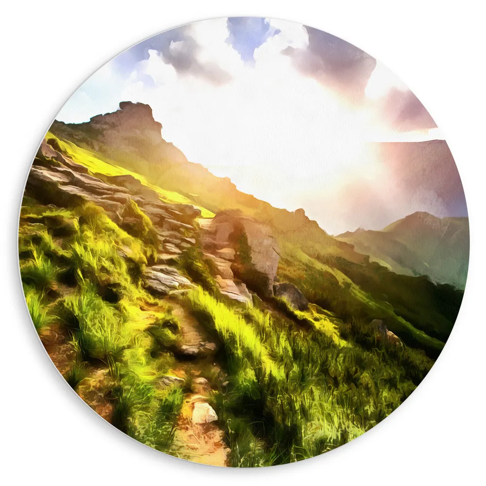 Dibond Muurcirkel - Schilderij van Felle Zonnestralen over Berg