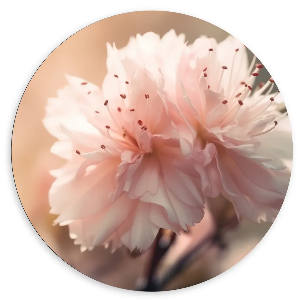 Dibond Muurcirkel - Licht Roze Bloemen met Meeldraden en Wazige Achtergrond