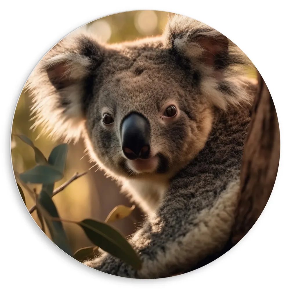 Dibond Muurcirkel - Nieuwsgierige Koala Vanachter Dikke Boom