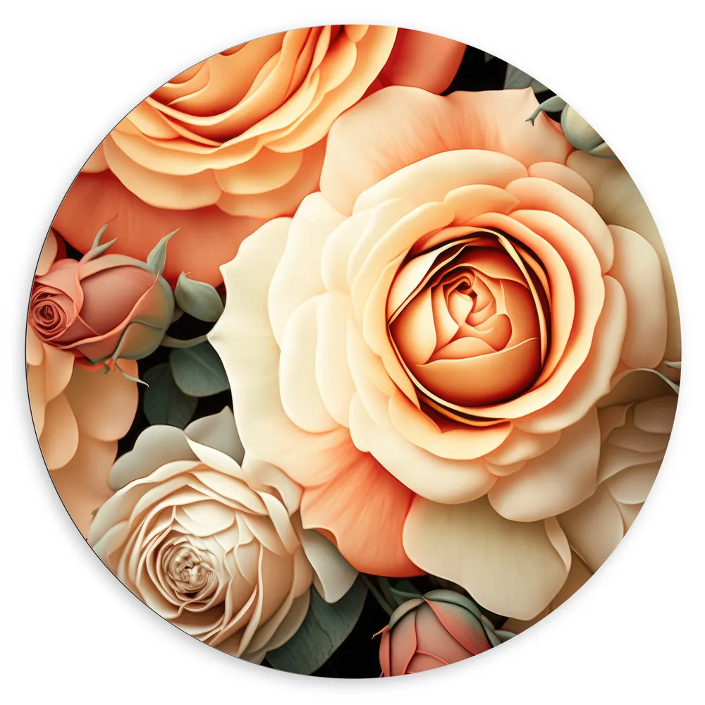 Dibond Muurcirkel - Roze, Beige en Groene Bloemen