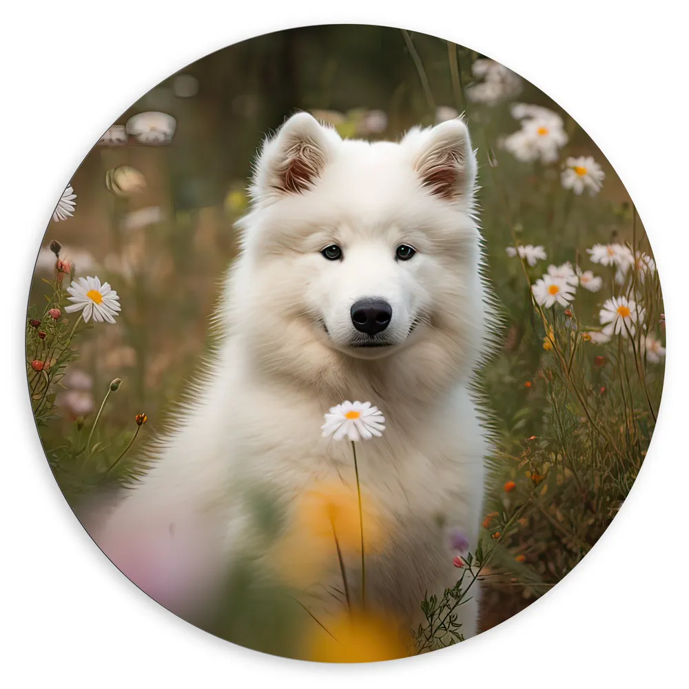 Dibond Muurcirkel - Witte Samoyeed Hond tussen de Madeliefjes in het Veld