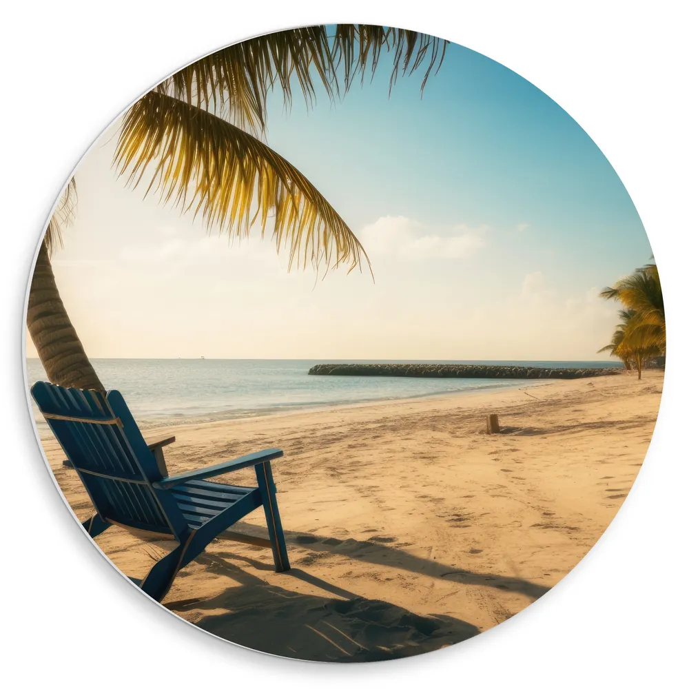Dibond Muurcirkel - Strand - Zee - Palmbomen - Zon - Stoel