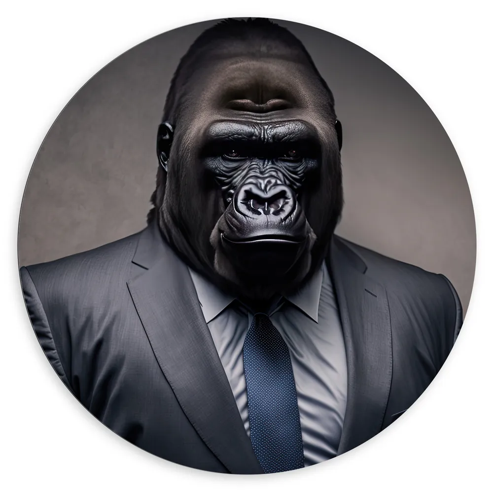 Dibond Muurcirkel - Gespierde Gorilla Aap in Zakelijk Pak met Blauwe Stropdas