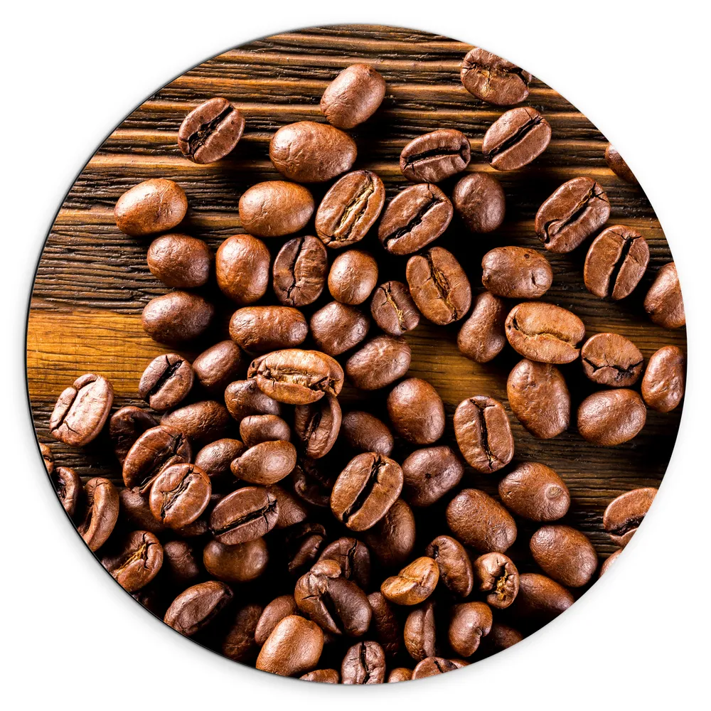 Dibond Muurcirkel - Hoopje Koffiebonen op Houten Tafel