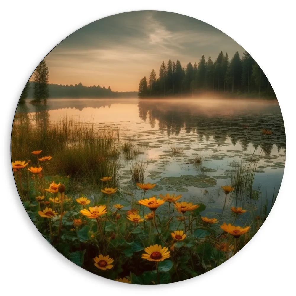 Dibond Muurcirkel - Gele Bloemen Dobberend op het Water bij Bomen
