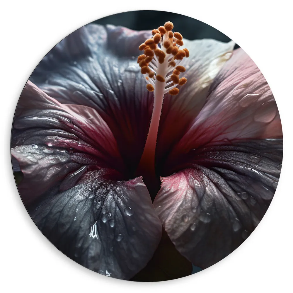 Dibond Muurcirkel - Bloem - Druppels - Bladeren - Kleuren