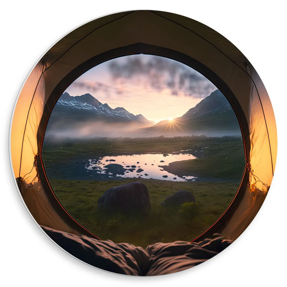 Dibond Muurcirkel - Uitzicht op het Noorse Landschap vanuit Tent tijdens Kamperen