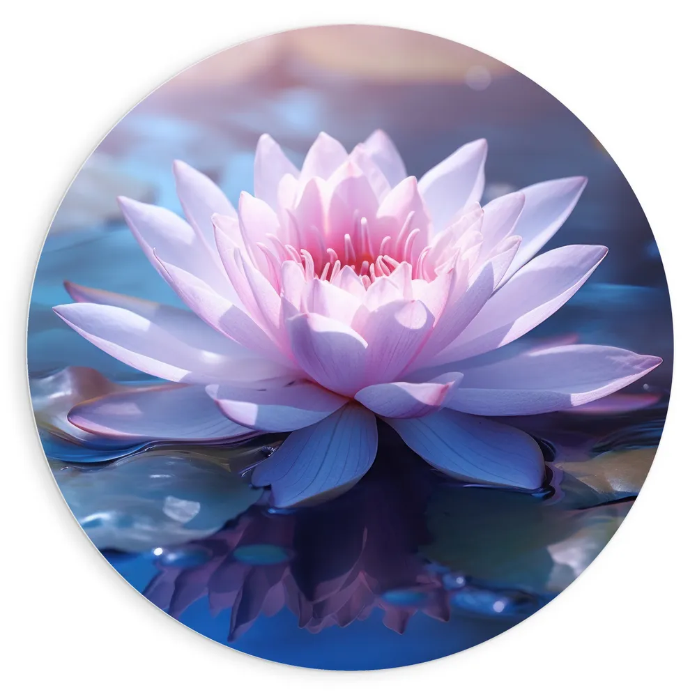 Dibond Muurcirkel - Licht Roze Waterlelie Drijvend op Water en Leliebladeren - Bloemen