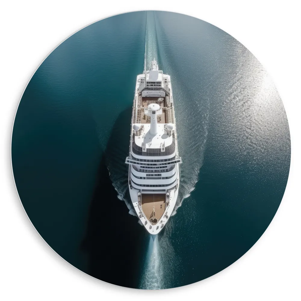 Dibond Muurcirkel - Bovenaanzicht van Cruiseschip op het Water