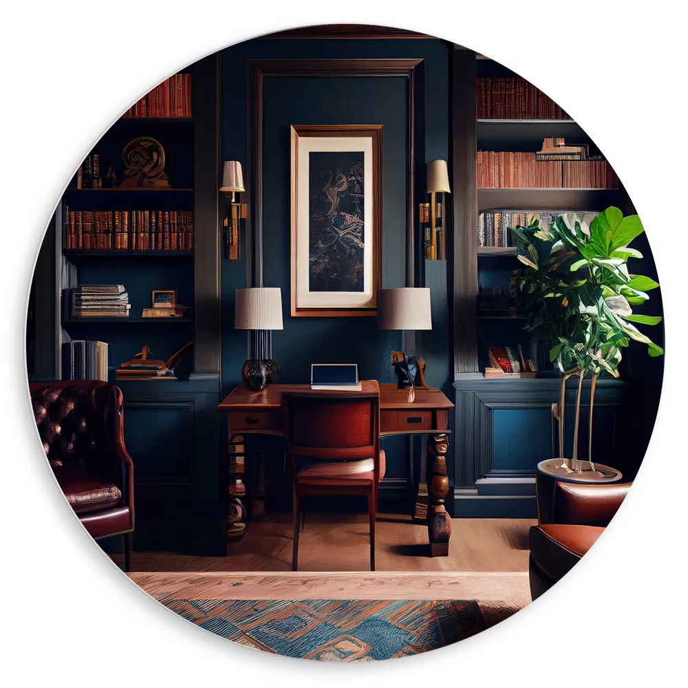 Dibond Muurcirkel - Kamer - Bruin - Stoelen - Plant - Boeken - Kantoortje